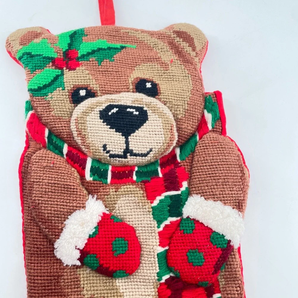 Needlepoint Childs Christmas Stocking Teddy Bear Puffy Red Velvet Tassel 18 Inch